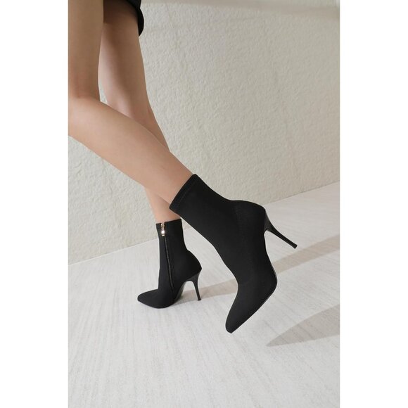 Women Black-stretch Sexy Pointy Toe Stiletto Heels Ankle Boots Printed Stretchy - Picture 3 of 8